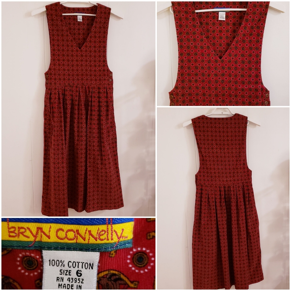 Vintage Bryn Connelly Dress Size 6 Jumper Red Corduroy Equestrian Modest Prairie